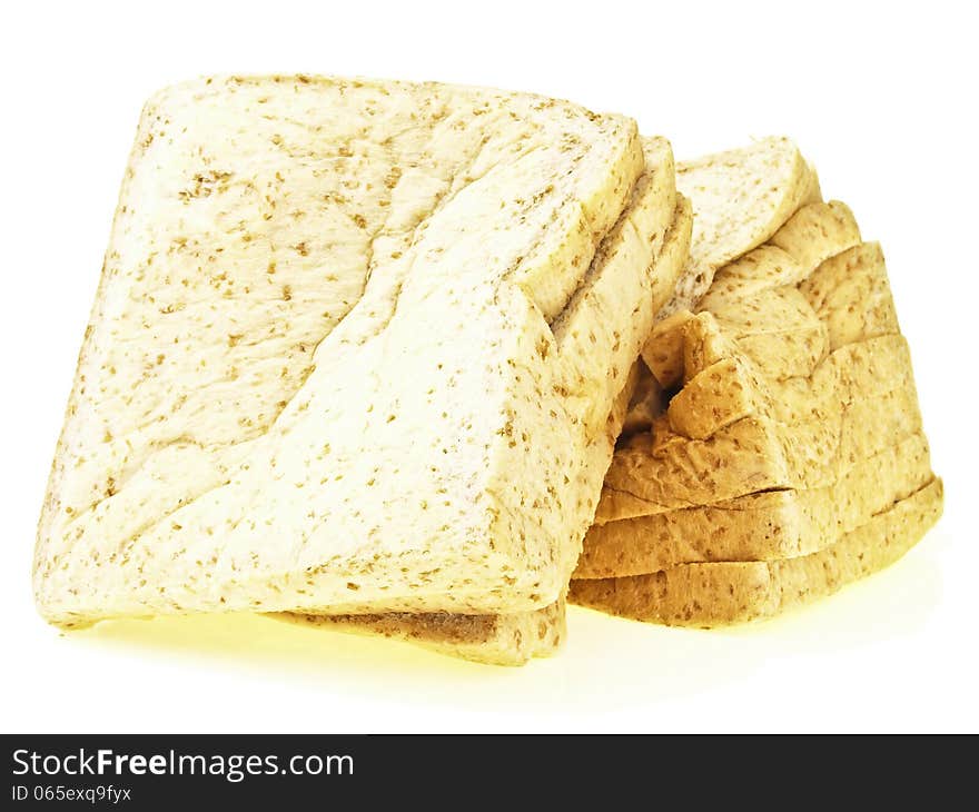 Pile of damage loaf sliced bread on white background. Pile of damage loaf sliced bread on white background