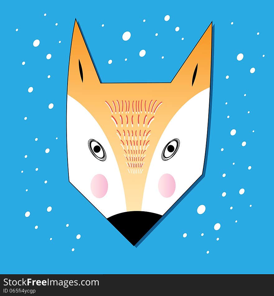 Graphic portrait of a fox on a blue background with snow