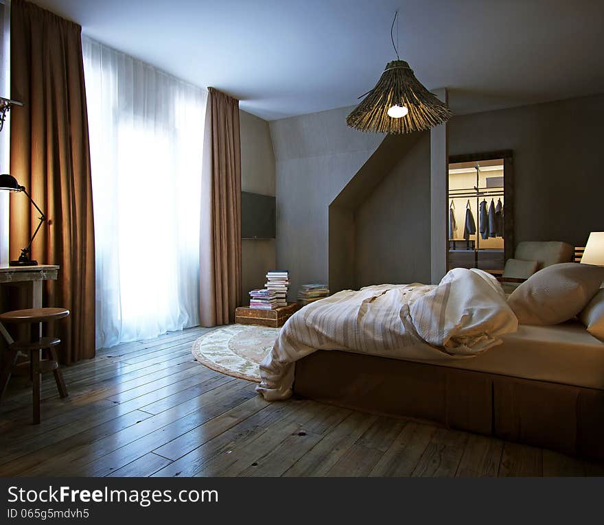 Modern interior of a bedroom, 3d render