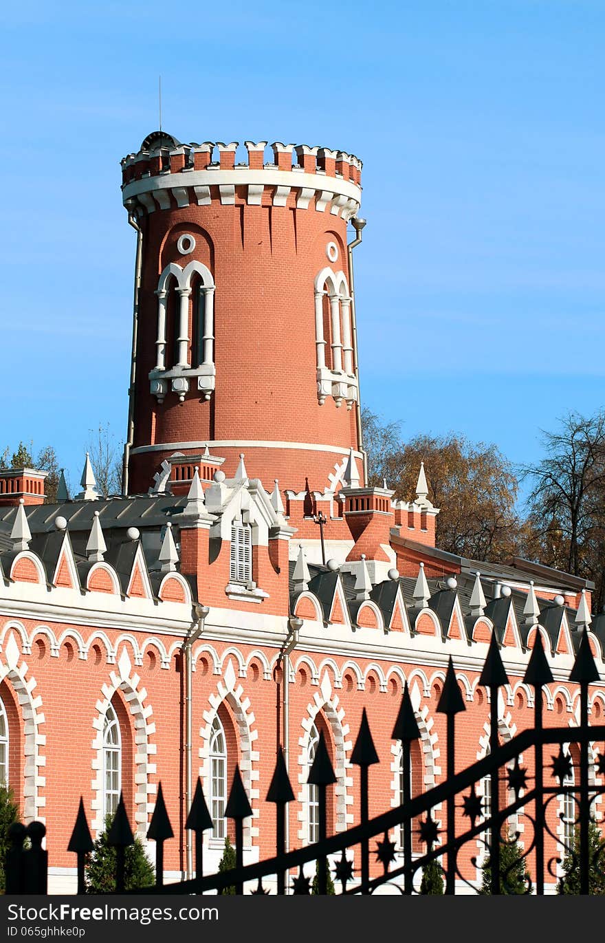 Beautiful tower of the Travel Petrovsky Palace against the blue sky. Beautiful tower of the Travel Petrovsky Palace against the blue sky