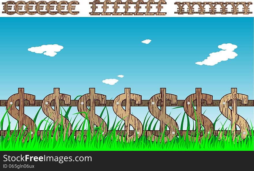 Vector picture of rural landscape with fence made of currecies signs. Vector picture of rural landscape with fence made of currecies signs