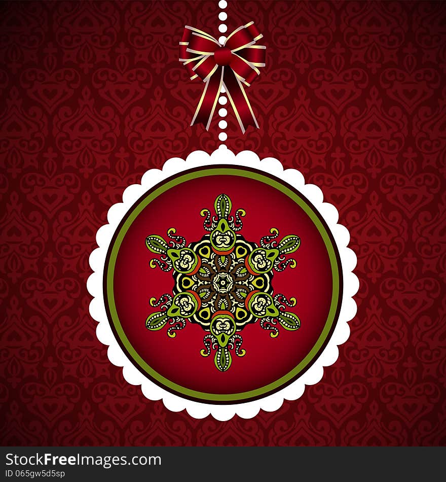 Hanging ball decorate with snowflake on ornamental background. Hanging ball decorate with snowflake on ornamental background