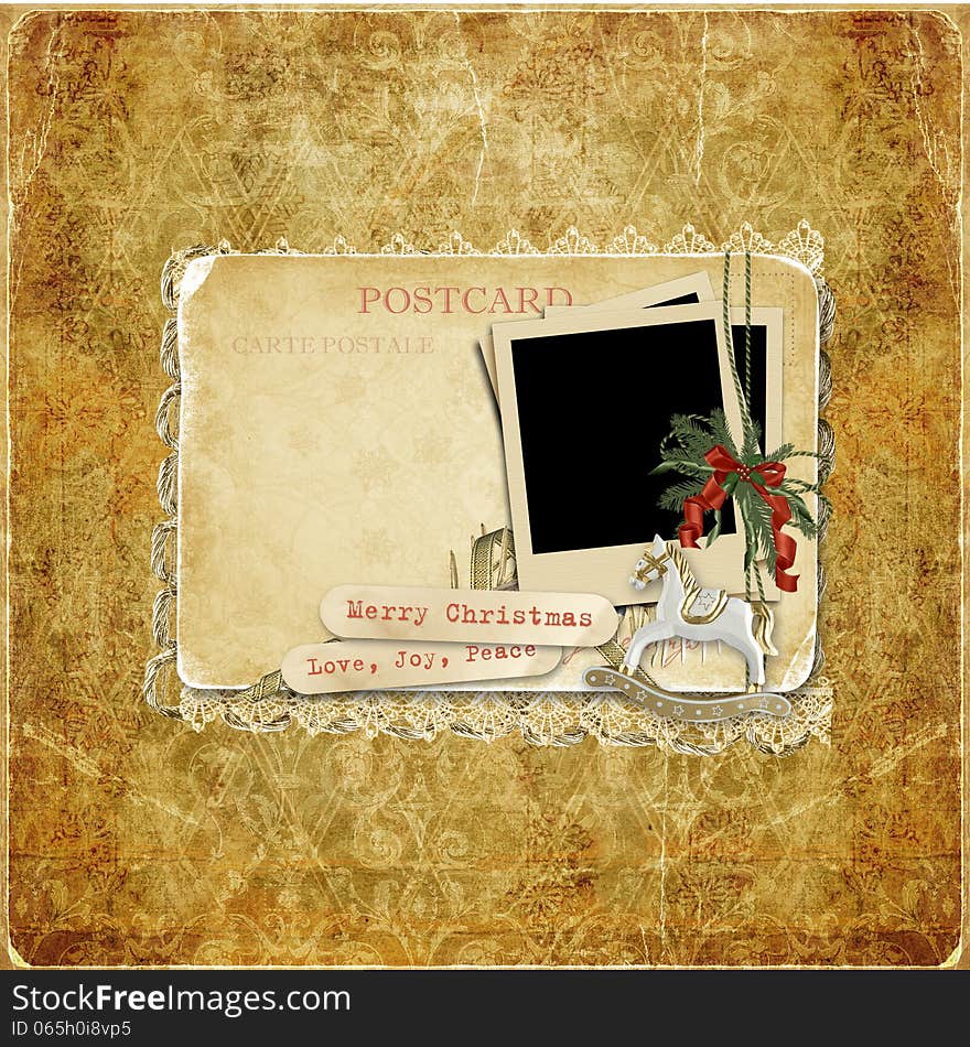 Christmas beautiful vintage background with old postcard. Christmas beautiful vintage background with old postcard