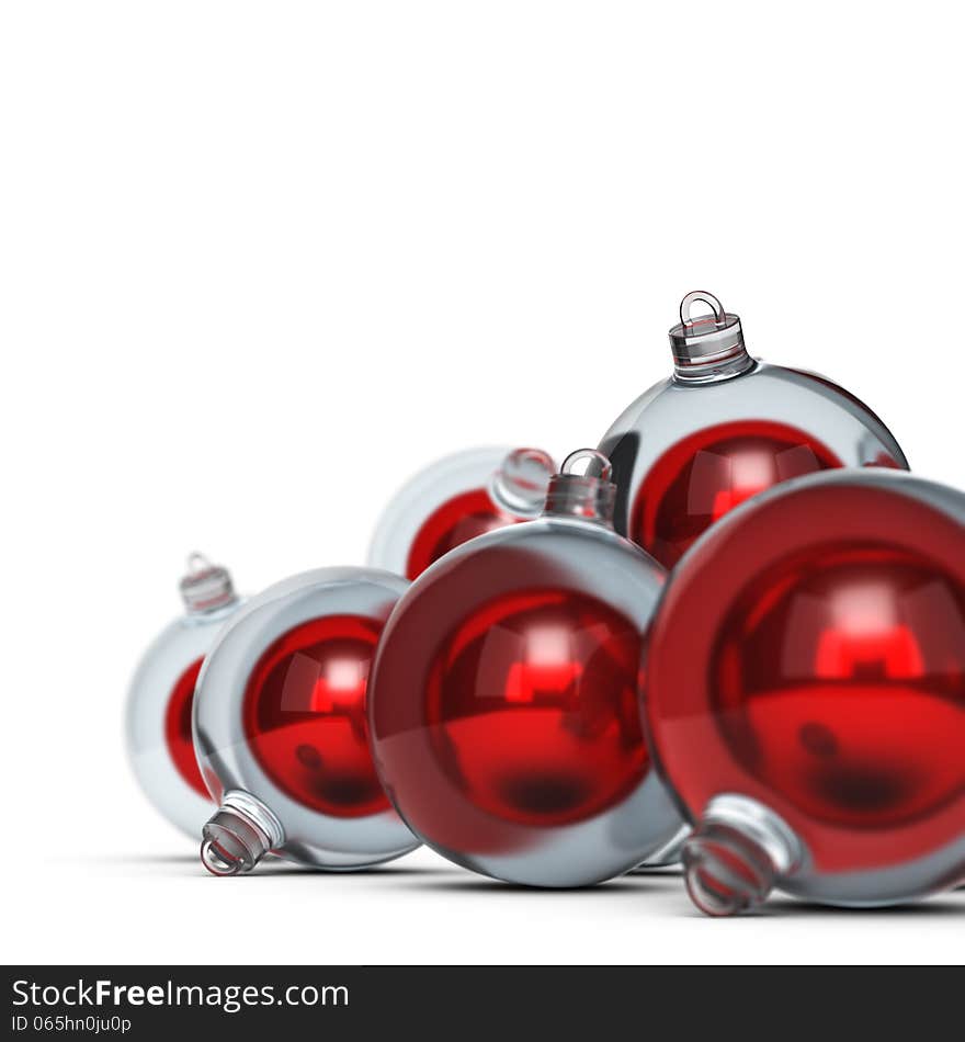 Red christmas balls over white background with blur effect, decorative element for and angle