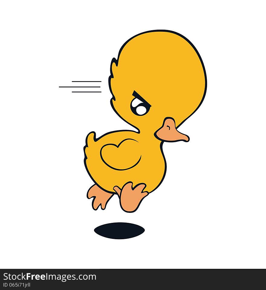 Angry yellow duckling with big head and small wings runs fast. Angry yellow duckling with big head and small wings runs fast