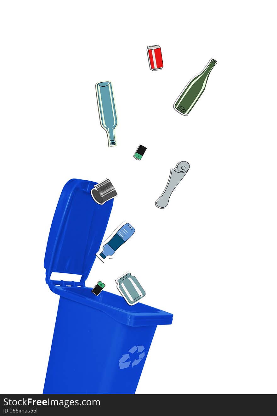 Closeup of blue recycle bin with open lid and recyclable materials