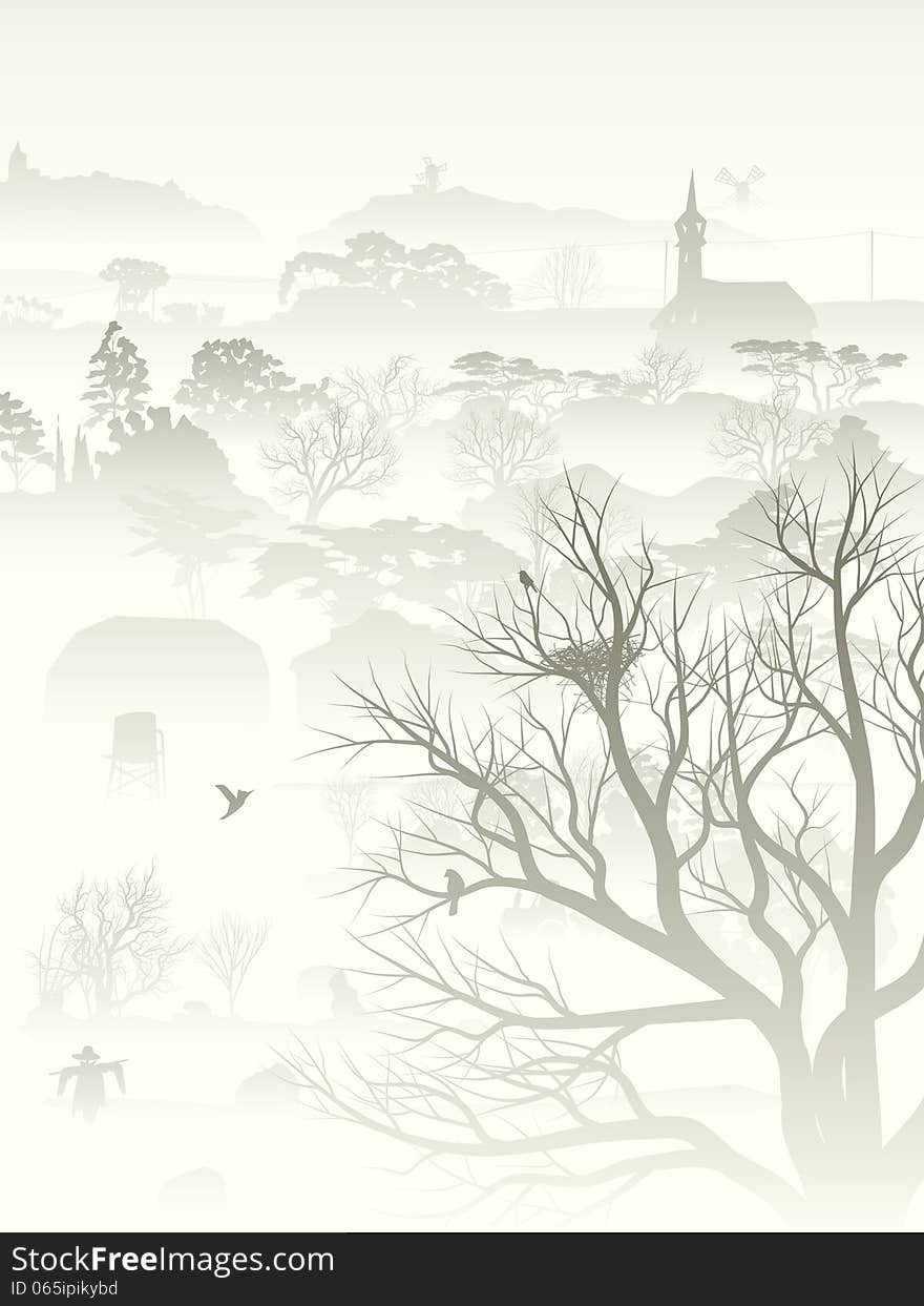 Vertical illustration of wood valley, morning fog with nest in tree and birds pale tone. Vertical illustration of wood valley, morning fog with nest in tree and birds pale tone.