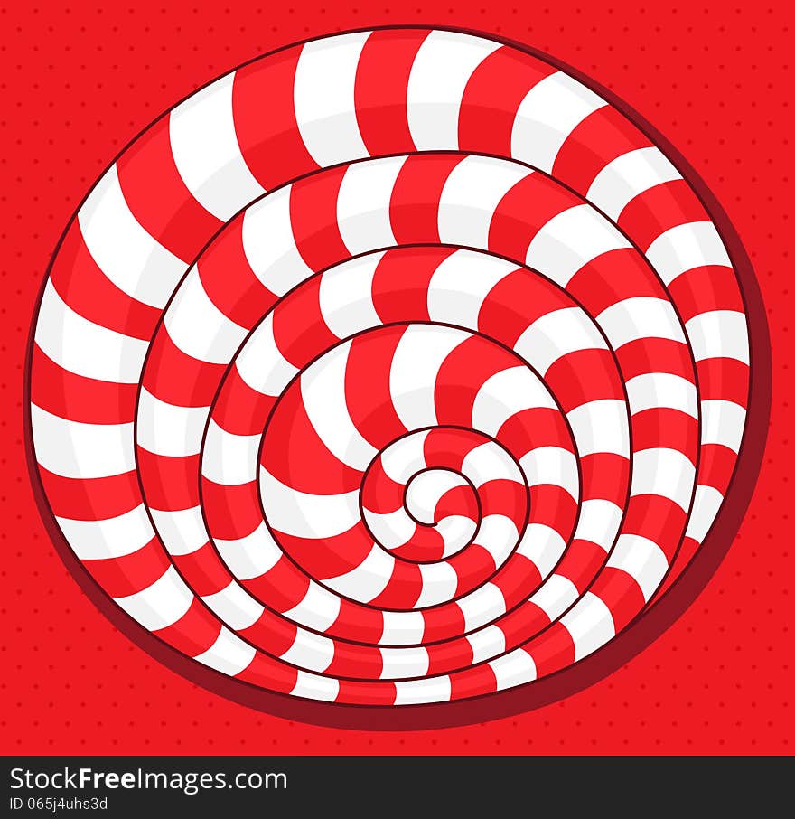 Red and white handdrawn spiral with polka dots background. Red and white handdrawn spiral with polka dots background