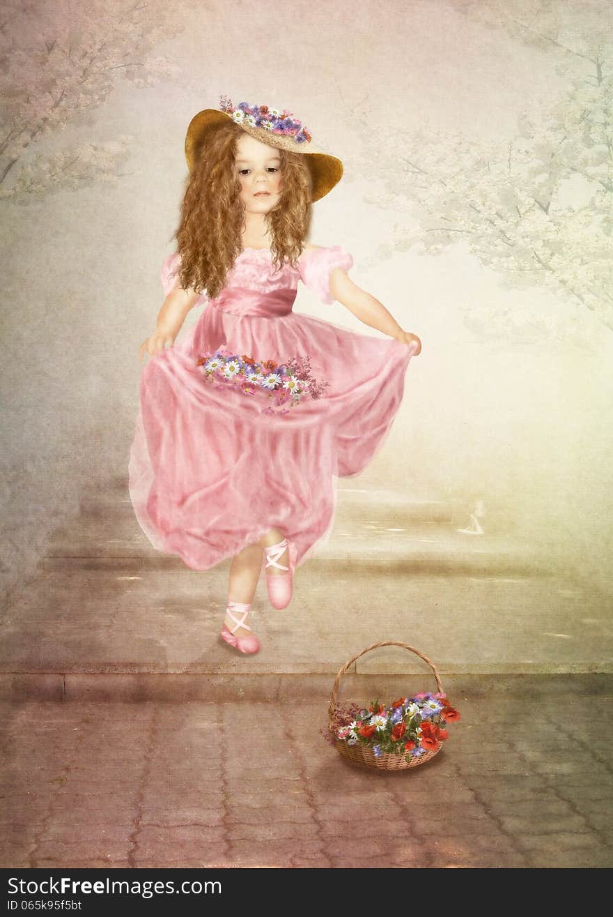 Little Dancer in the pink dress and hat with flowers on the stairs under the trees