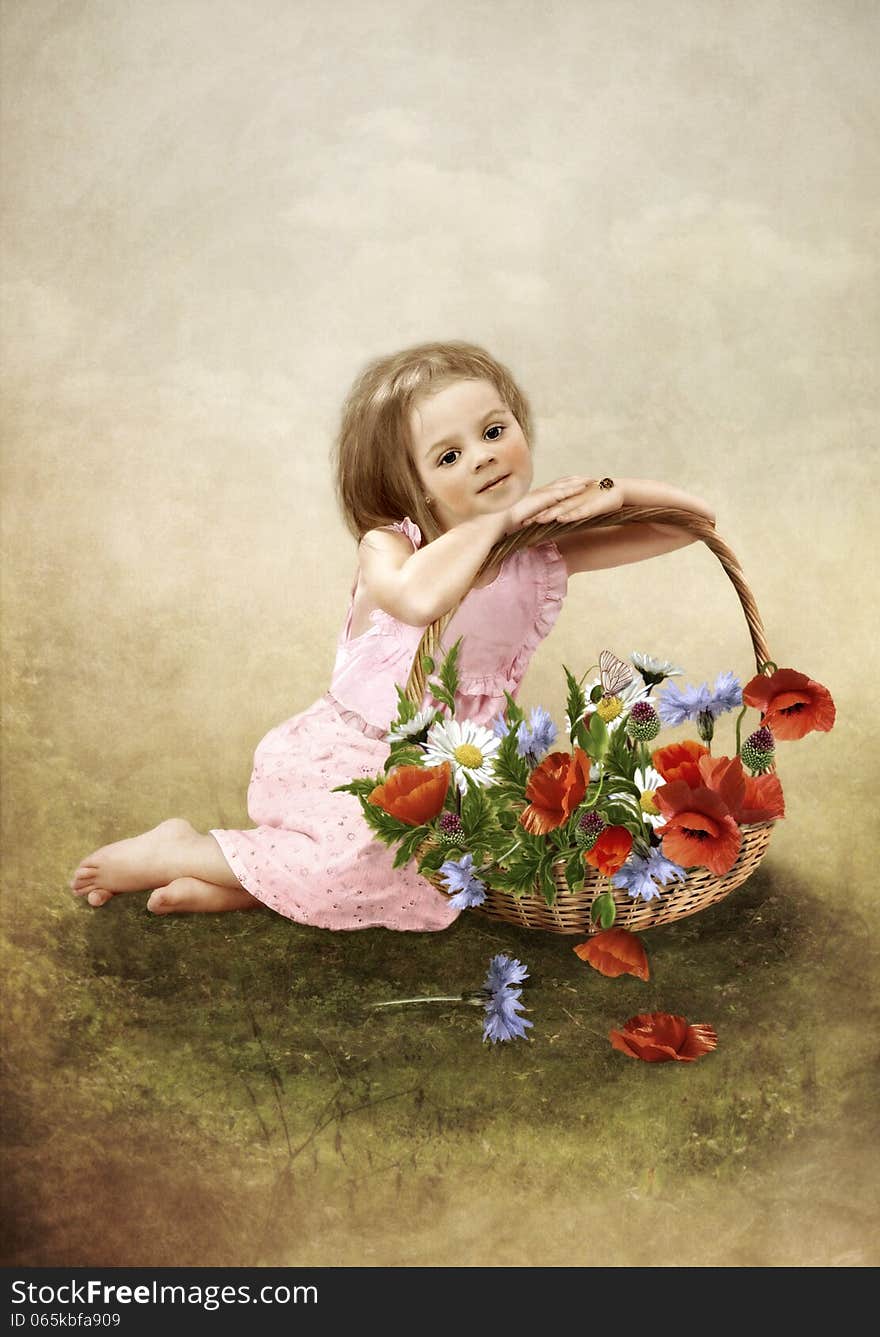 The girl with a basket of flowers