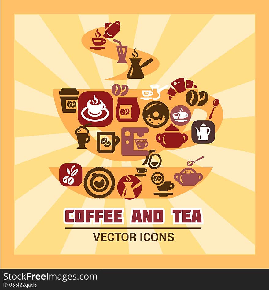 Colorful Coffee And Tea Icons Set. Vector Illustration.