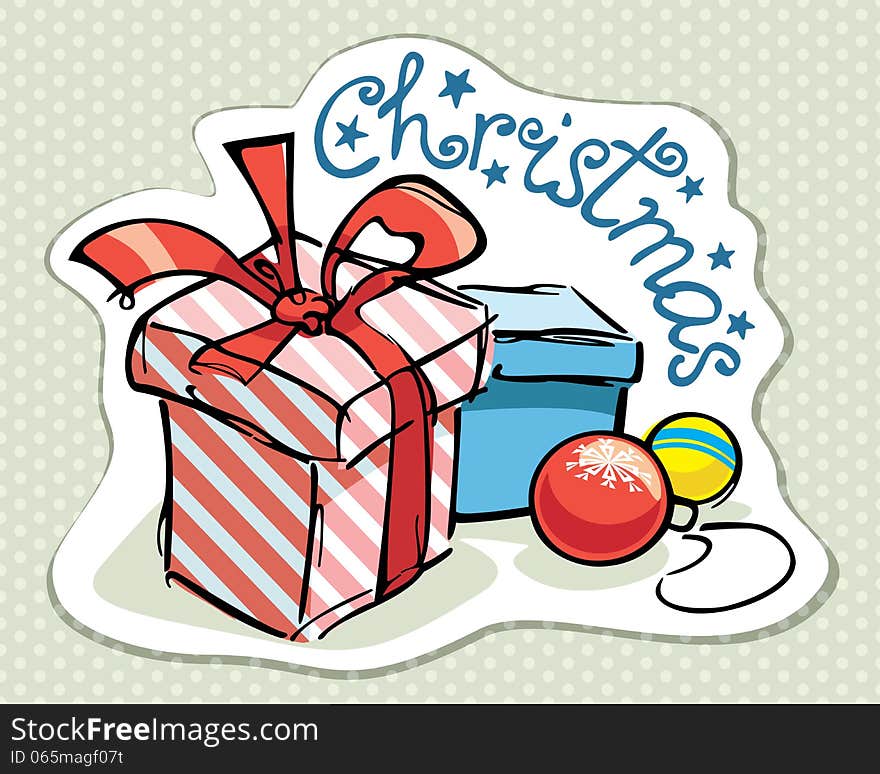 Christmas card with colorful gifts doodles and new year balls