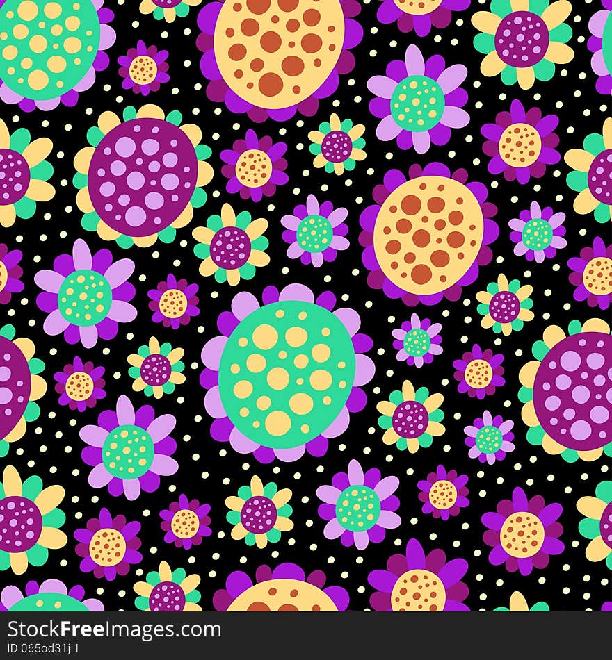 Seamless Pattern With Different Flowers On A Dark