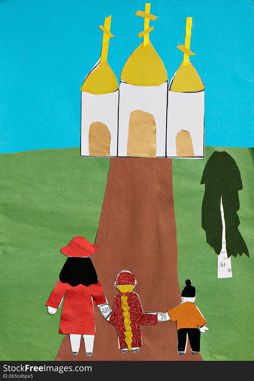 Children applique with church and family