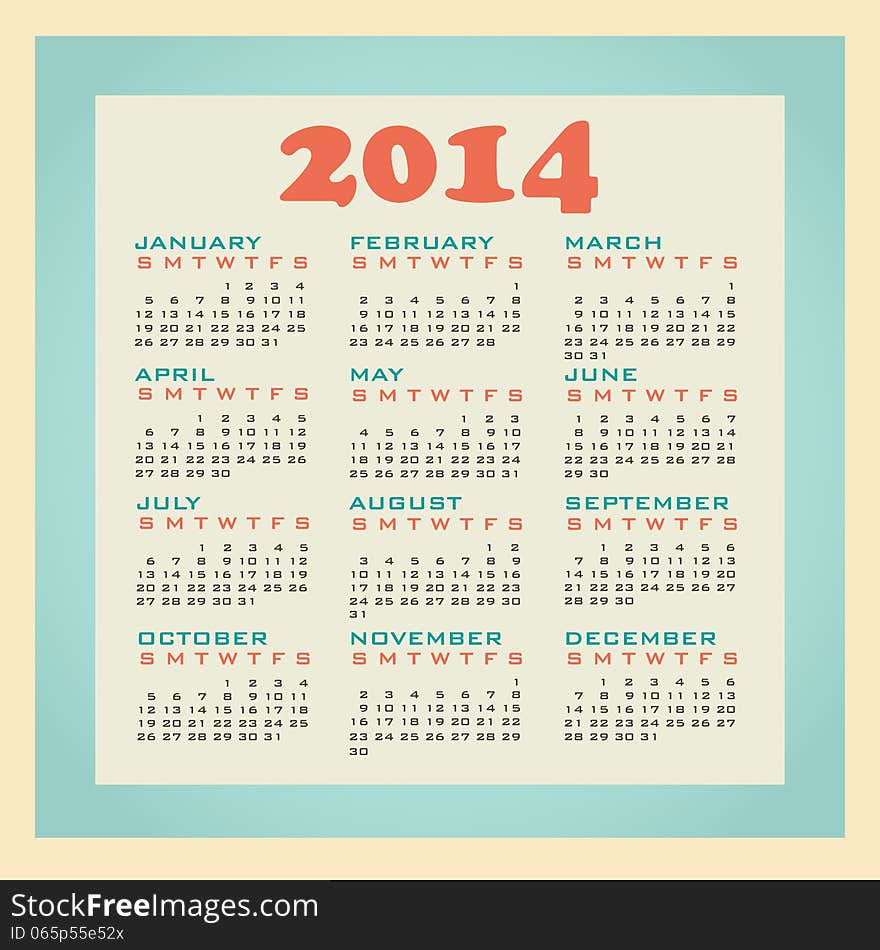 2014 calendar in retro style 20th century