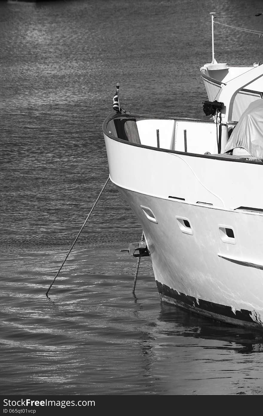 Black & White photo of a boat's bow at the marina. Black & White photo of a boat's bow at the marina