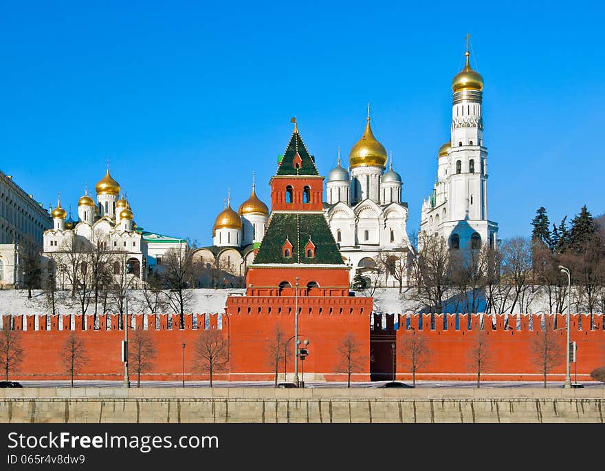 Secret Tower against cathedrals of Moscow Kremlin, Russia