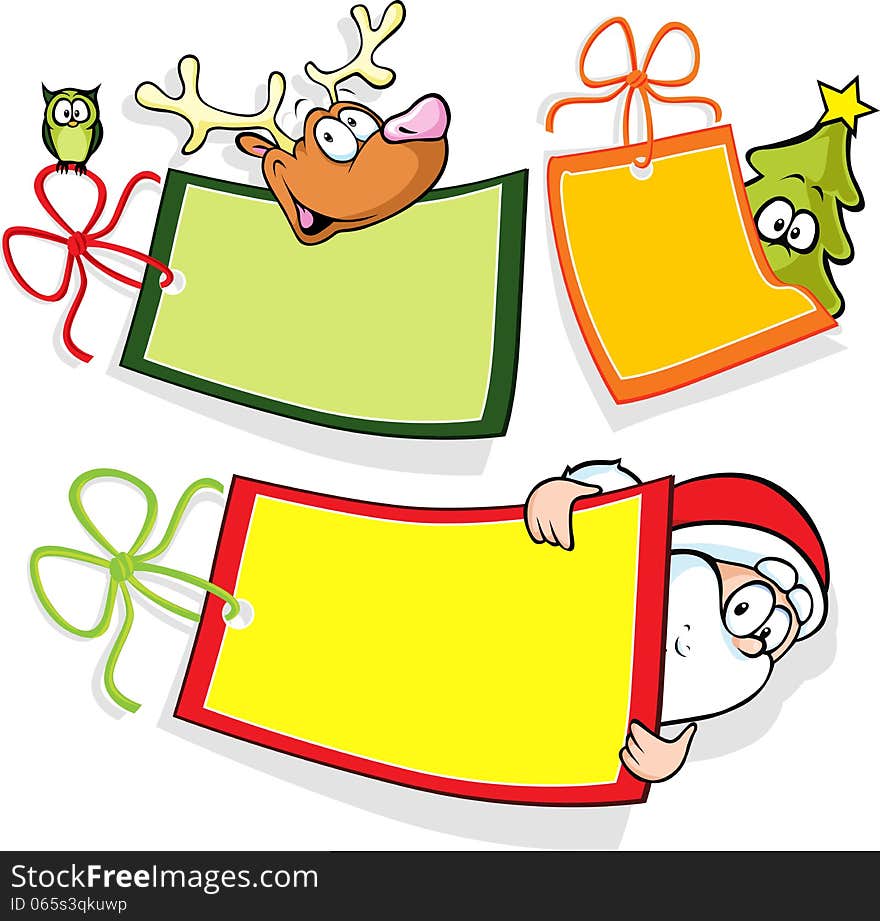 Christmas paper tag with santa, christmas tree and