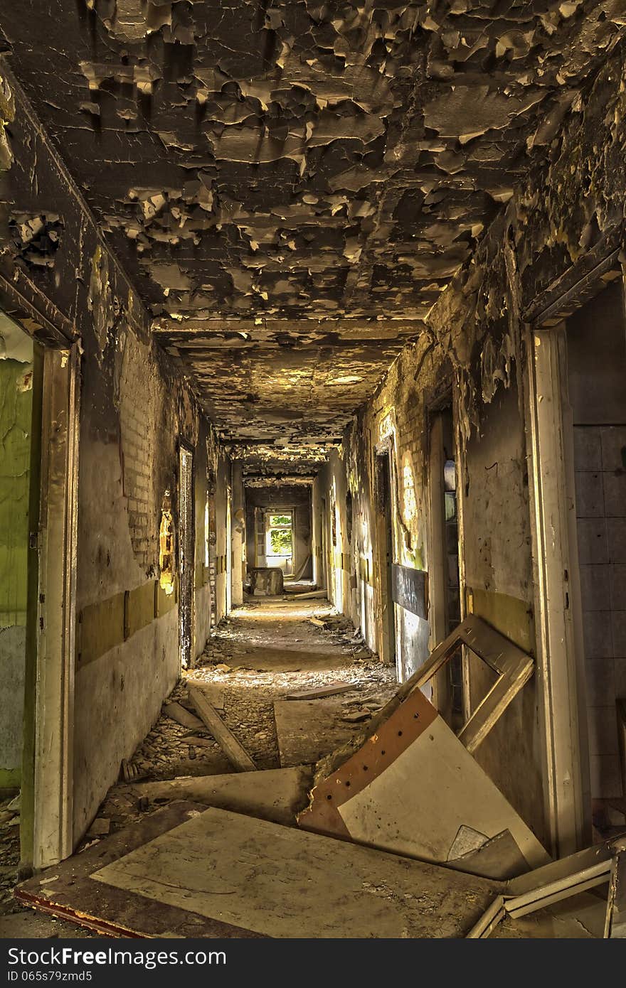 Devastated, destroyed the hotel corridor