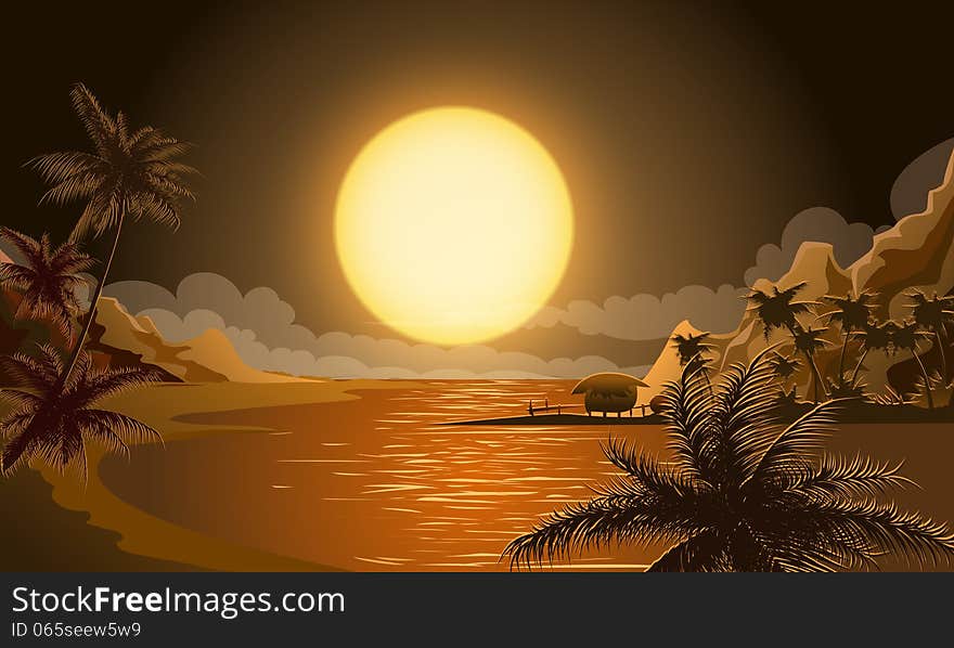 Illustration of the micronesia island at sunset. Illustration of the micronesia island at sunset