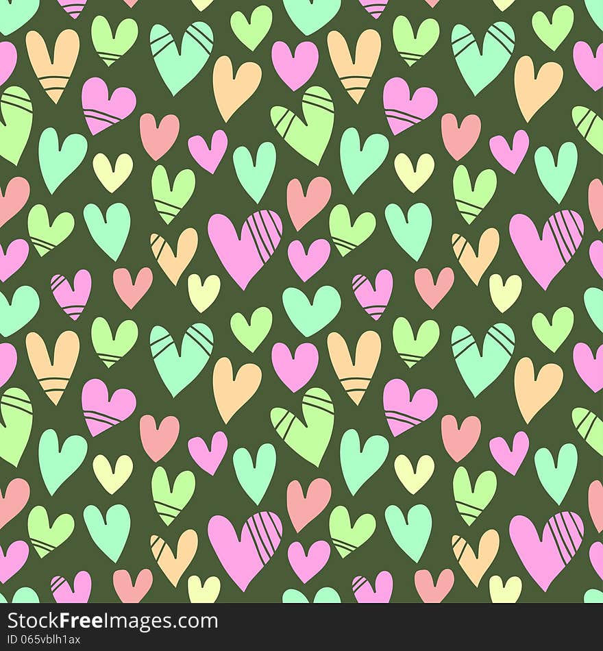 Seamless pattern with a lot of hearts on a green b