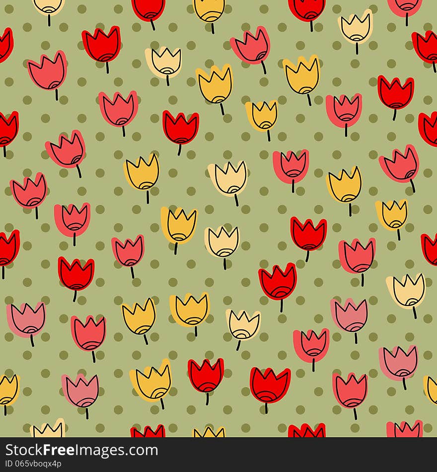 Seamless Pattern With Many Of Tulips On A Backgrou