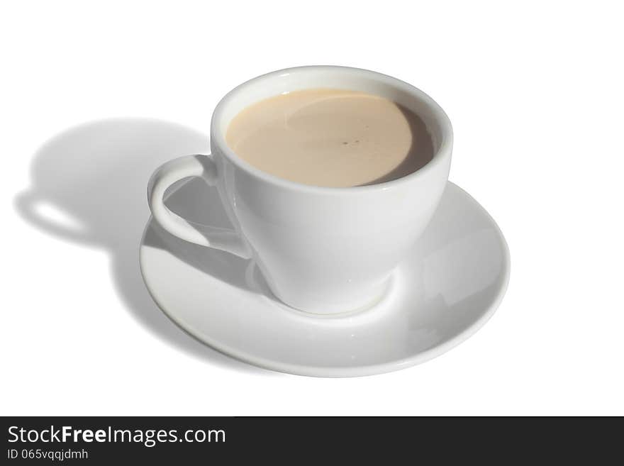 A cup of coffee with milk on white background. A cup of coffee with milk on white background.