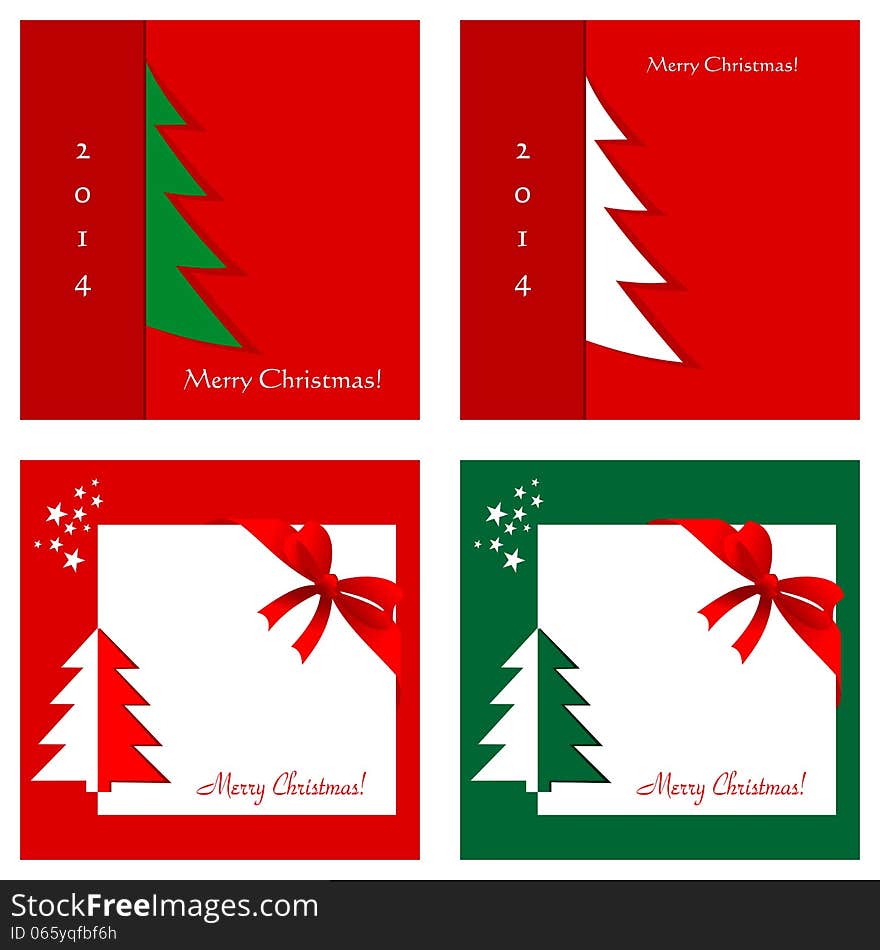 Set of four Christmas cards on red and green backgrounds. Set of four Christmas cards on red and green backgrounds