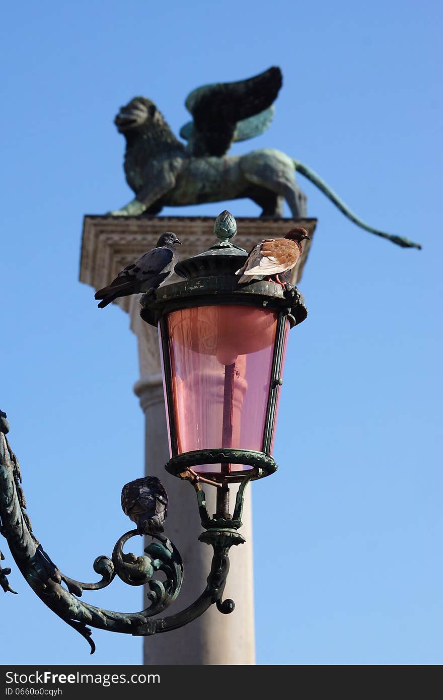 Lantern and lion on the Piazza San Marco,Venice, Italy