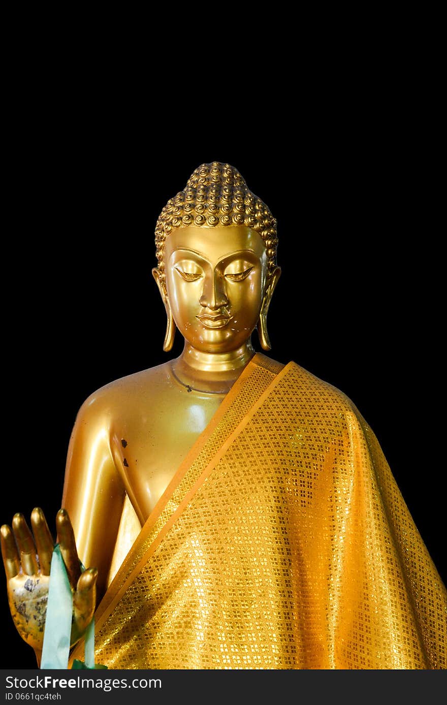 Buddha isolated with black background. Some part of buddha is pealed. The artist just want to keep it as real texture