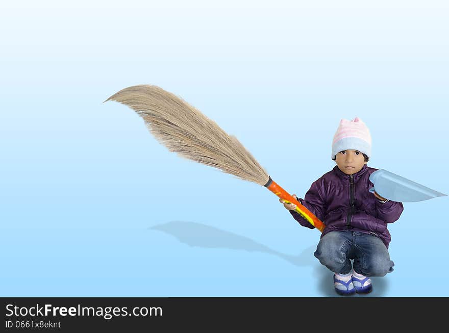 Little helper girl child with broom and dust collector in hands in purple jaket isolated on skyblue background. Little helper girl child with broom and dust collector in hands in purple jaket isolated on skyblue background