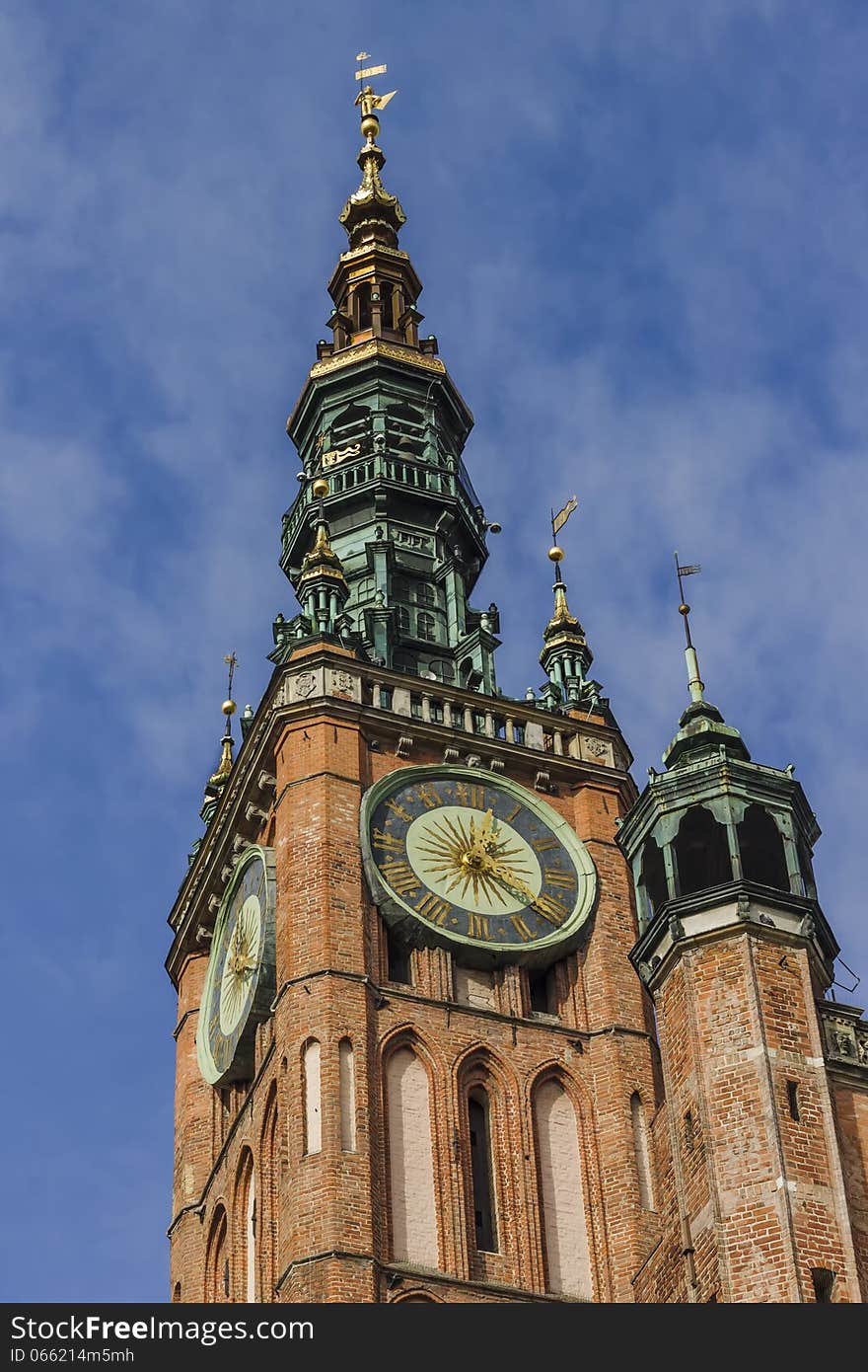 Main Town Hall clock tower in the Old Town of Gdansk in Poland.