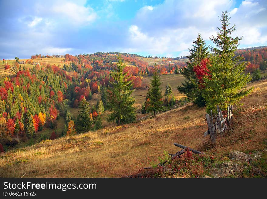 Colorful autumn sunset in the mountains