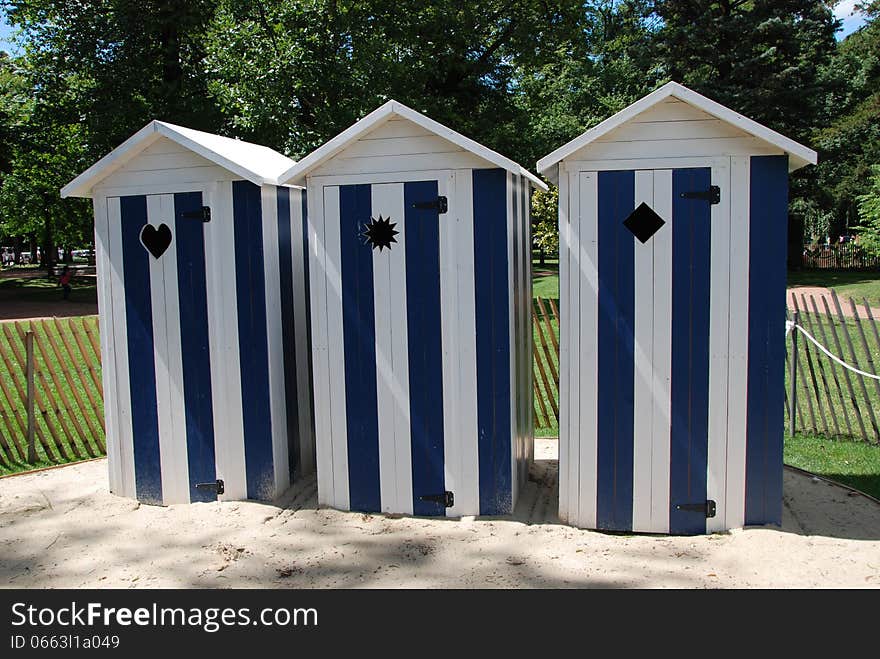 Beach cabins installation exposed in a park at Annecy, France