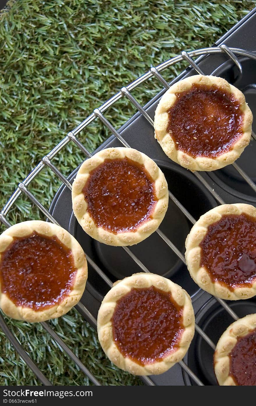 Cookies red jam on tray in garden background. Cookies red jam on tray in garden background