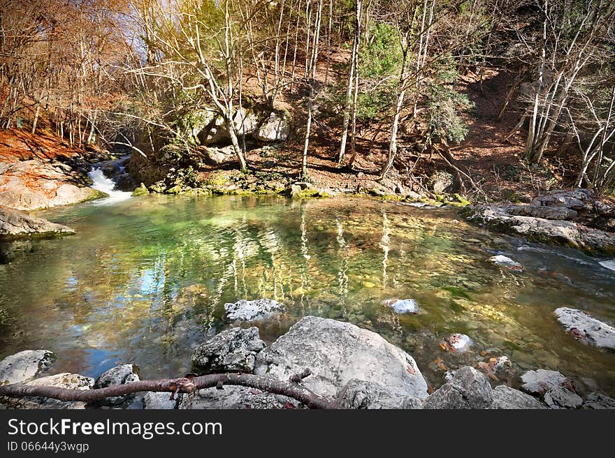 Lake in the mountains in the background of the forest