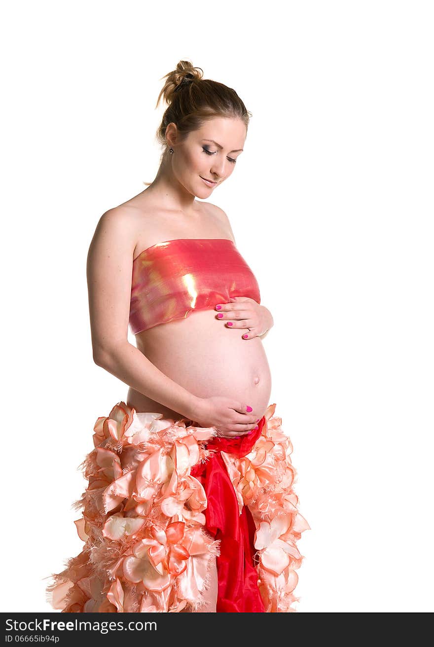 Fashionable beautiful pregnant in luxurious skirt