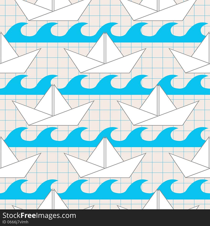 Seamless pattern with paper boats on the waves