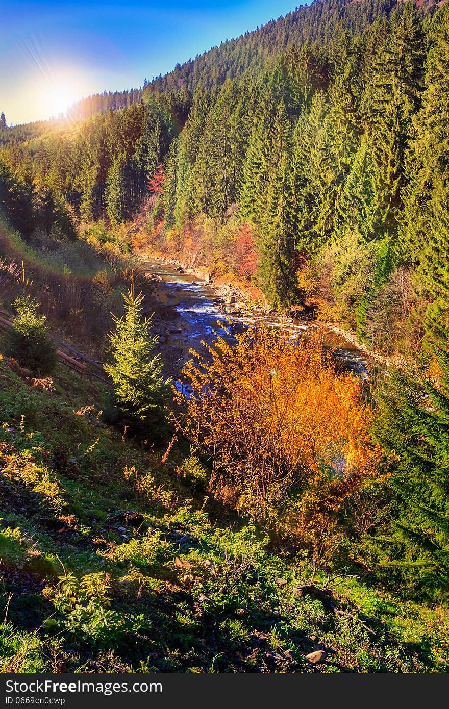 River flows by rocky shore near the autumn mountain forest