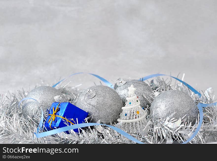 Christmas decoration with tree silver balls small gift box and ribbon. Christmas decoration with tree silver balls small gift box and ribbon