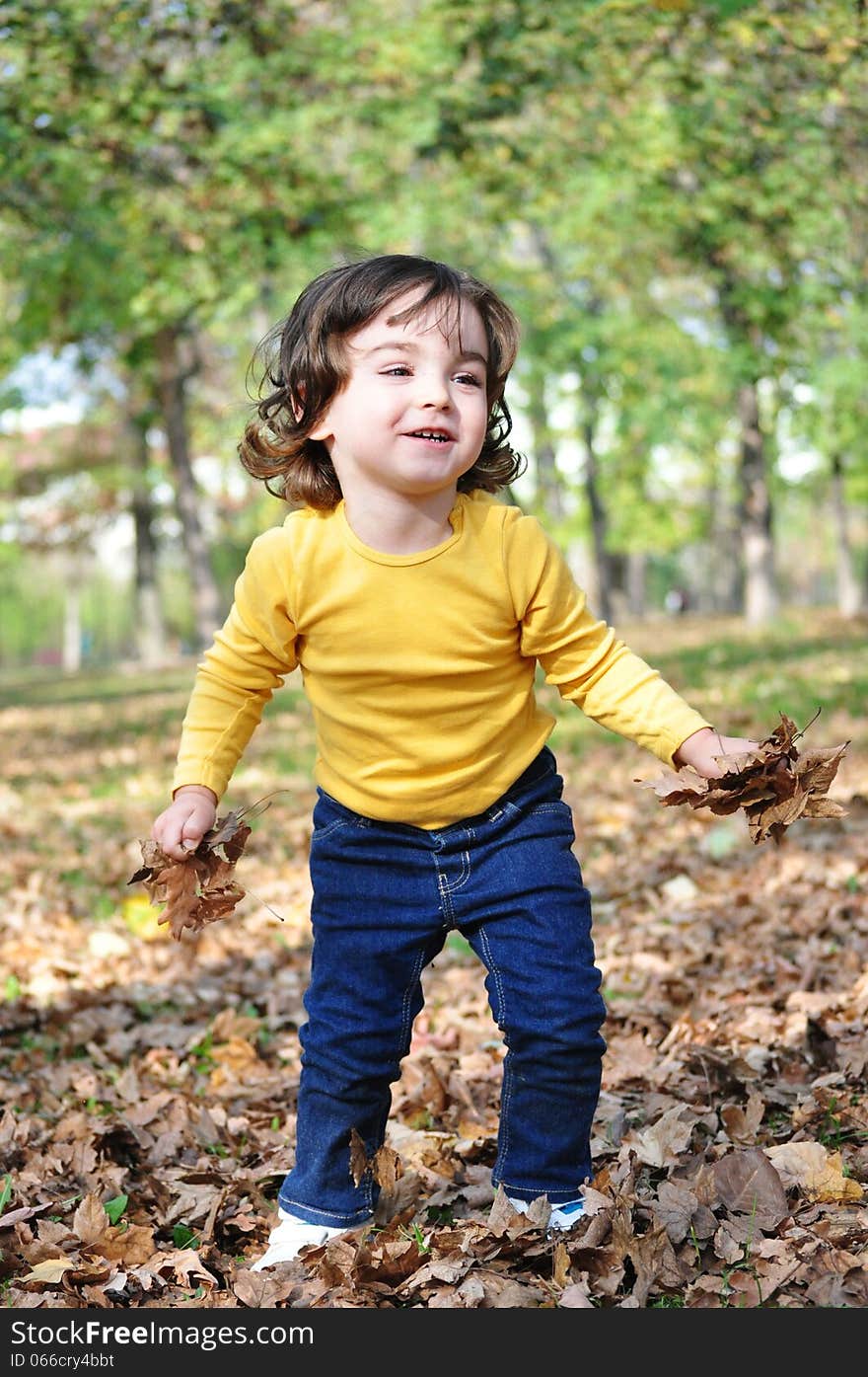 Photo of cute little boy having fun in autumn park. Photo of cute little boy having fun in autumn park.