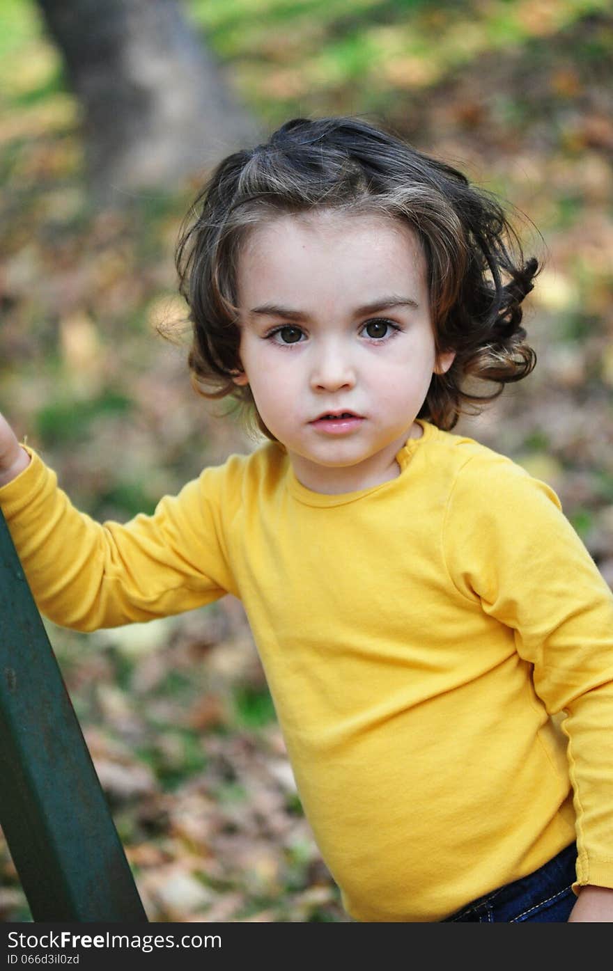 Photo of cute little boy in autumn park.