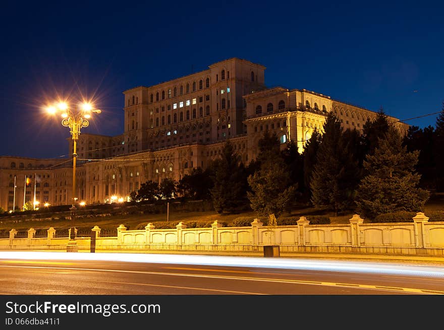 The Palace of the Parliament (formerly known as the House of the People), second largest administrative building in the world, built by dictator Nicolae Ceausescu. Nighttime view. The Palace of the Parliament (formerly known as the House of the People), second largest administrative building in the world, built by dictator Nicolae Ceausescu. Nighttime view