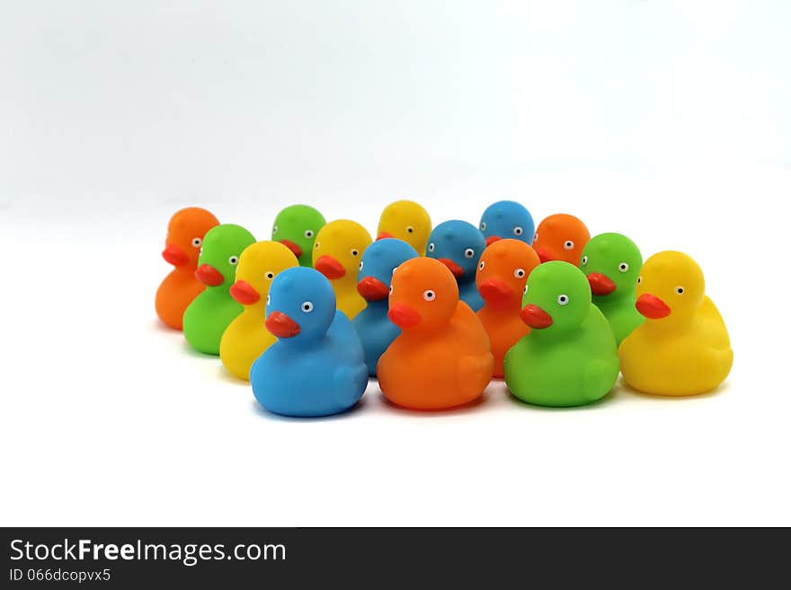 Colorful flock of ducklings isolated on white background