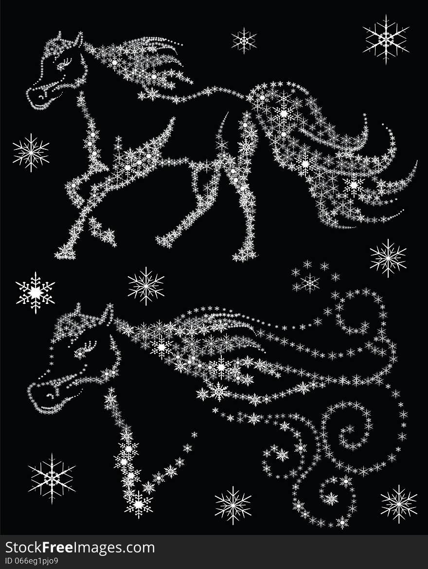 Silhouettes of horses in the snow flakes