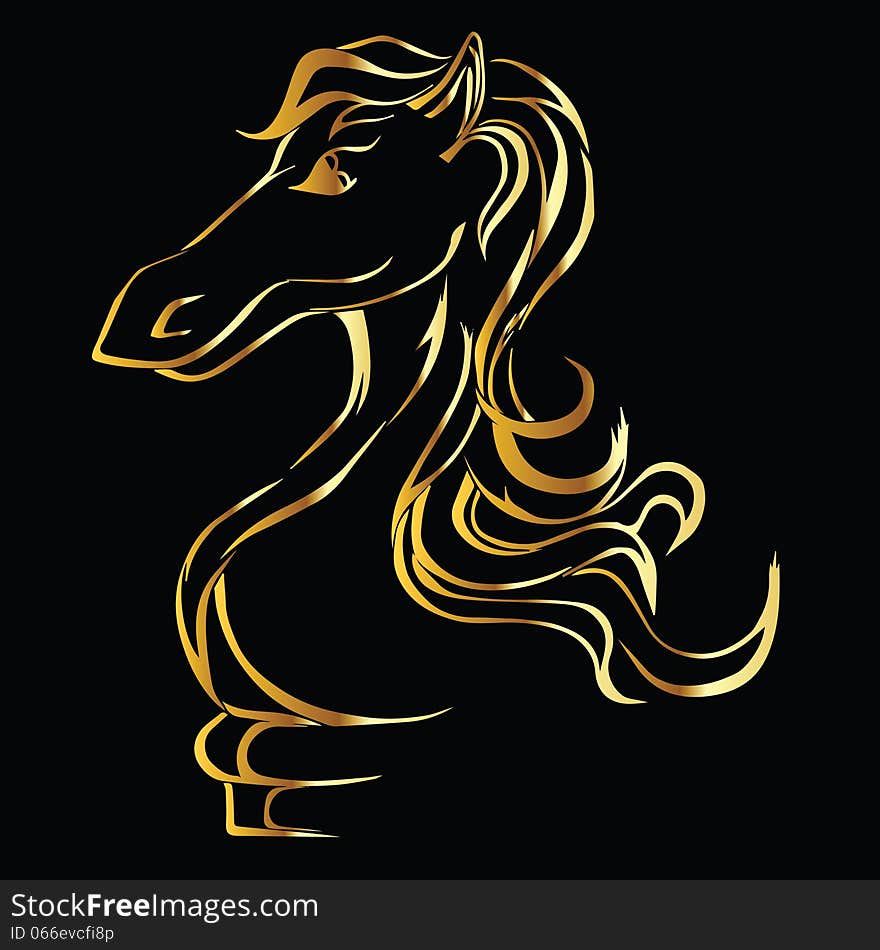 Gold silhouette of a horse on a black background. a horse's head.