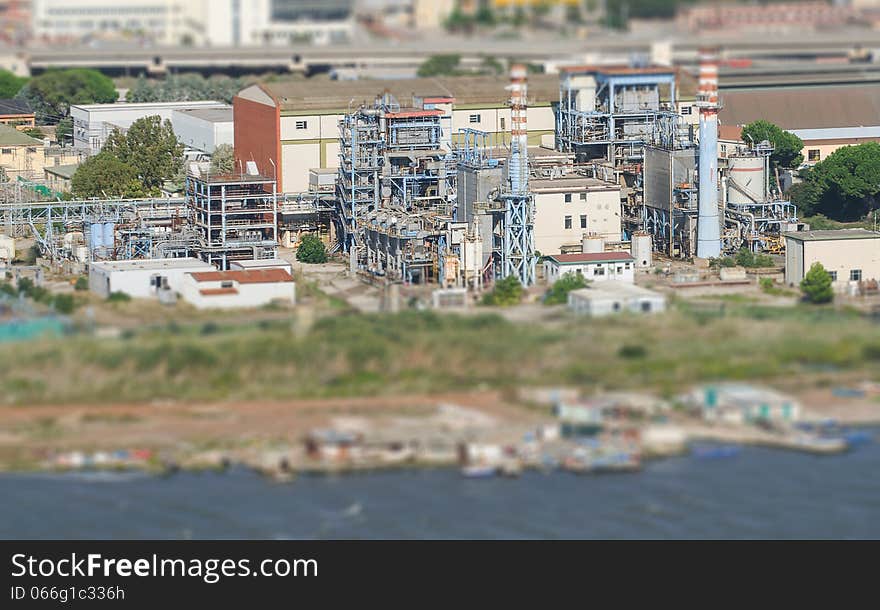 Aerial view of refinery factory. From the plane