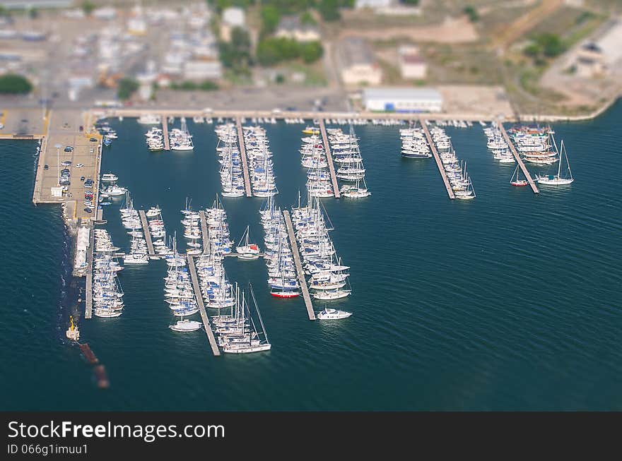 Aerial view of yachts. Tilt-shift.