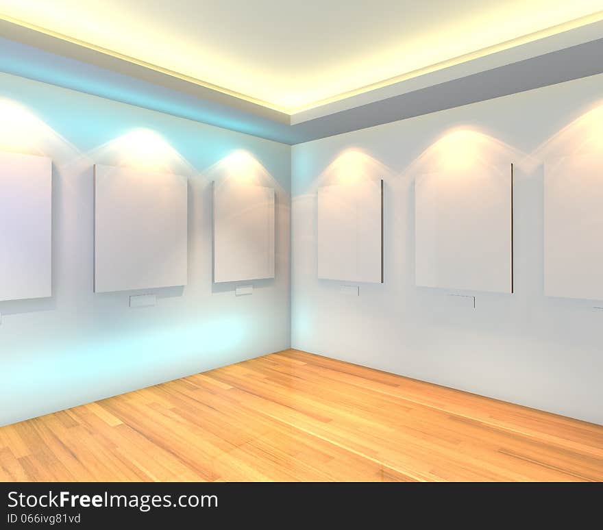 Empty room interior with white canvas on a white wall in the gallery. Empty room interior with white canvas on a white wall in the gallery.