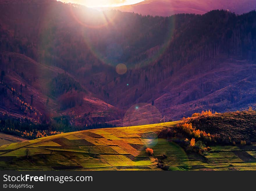 Autumn landscape. forest on a hillside covered with red and yellow leaves. over the mountains in evening. Autumn landscape. forest on a hillside covered with red and yellow leaves. over the mountains in evening